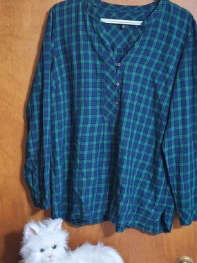 Talbots Blue and Green Plaid Henley Top
